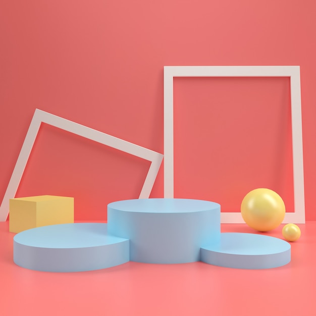 Modello di tavola di visualizzazione del palco del podio cerchio stand pastello pastello mock up minimal parete in legno composizione 3d rendering Foto Premium