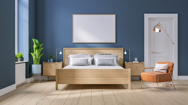 Moderno metà secolo e interni minimalisti della camera da letto Foto Premium