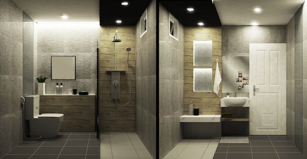Piastrelle in stile loft wc design interno bicolore. rendering 3d Foto Premium