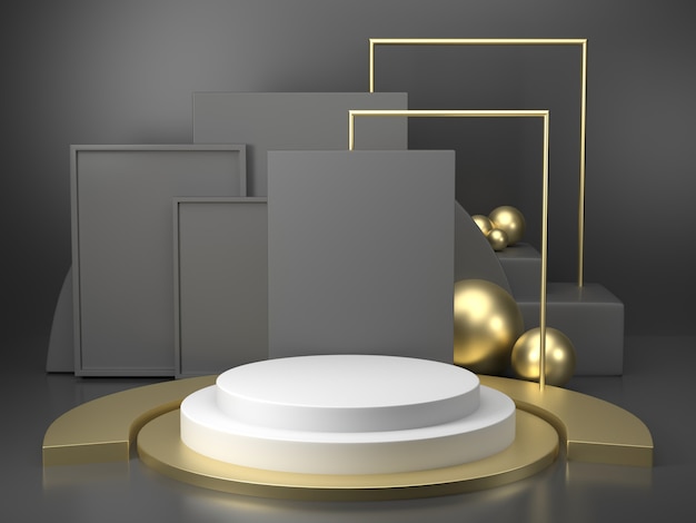 Rendering 3d geometria del podio nero con elementi in oro. podio vuoto astratto forma geometrica. composizione minima nell'estratto del pavimento di punto del quadrato di scena Foto Premium