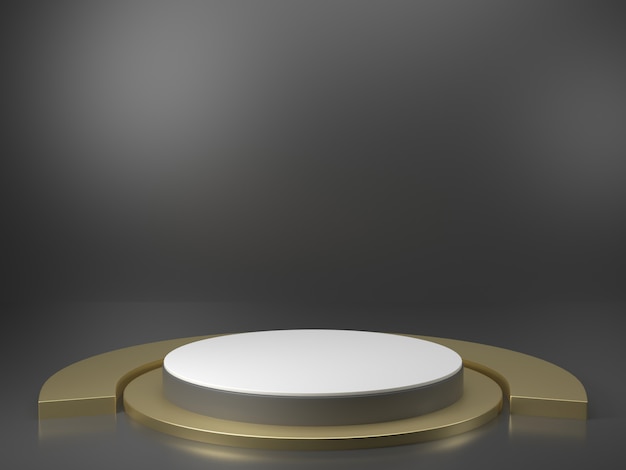 Rendering 3d geometria del podio nero con elementi in oro. podio vuoto astratto forma geometrica. composizione minima nell'estratto del pavimento di punto del quadrato di scena Foto Premium