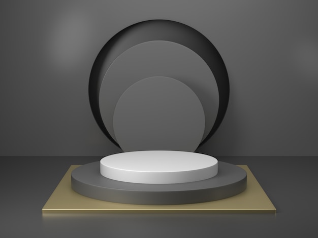 Rendering 3d geometria del podio nero con elementi in oro. podio vuoto astratto forma geometrica. composizione minima nell'estratto del pavimento di punto del quadrato di scena Foto Premium