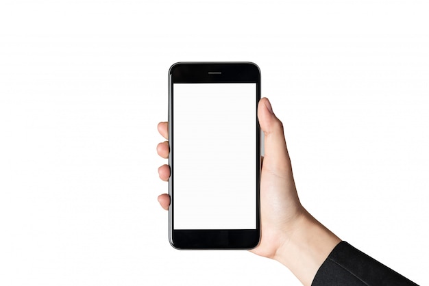 Schermo in bianco dello smartphone della tenuta della mano sopra isolato. Foto Premium