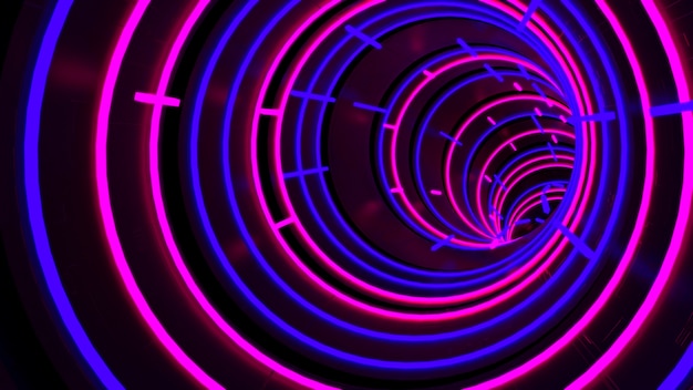 Sfondo di running in neon light circle tunnel in scena di festa retrò e alla moda. Foto Premium