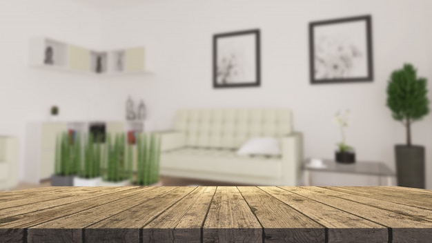 Tavola di legno 3d che guarda fuori ad un salone moderno defocussed Foto Gratuite