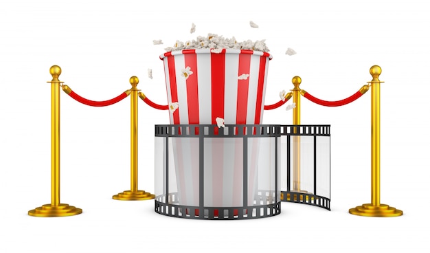 Un film e popcorn su uno sfondo di pilastri con una corda rossa. rendering 3d. Foto Premium