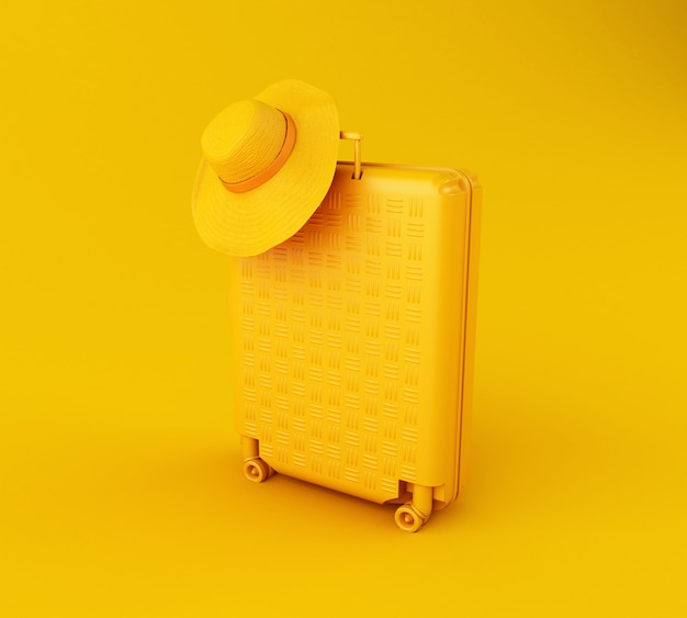 Valigia di viaggio 3d e cappello di paglia Foto Premium