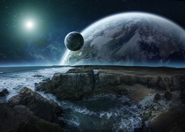 Vista del sistema di pianeta distante da scogliere elementi di rendering 3d di questa immagine fornita dalla nasa Foto Premium