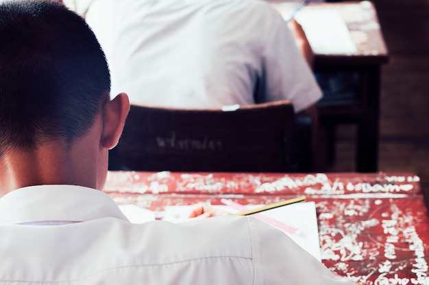 Vista posteriore di studenti che scrivono risposta facendo esame Foto Premium