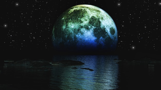 3d rendem da lua se pondo sobre o mar Foto Grátis