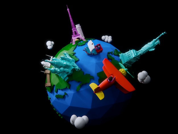 3d rendem do planeta com marcos arquitetônicos do mundo Foto Premium