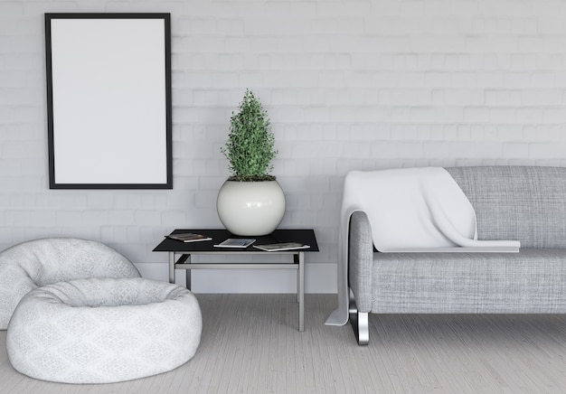 3d renderização de um quarto moderno com moldura em branco Foto gratuita