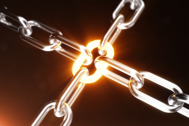 A corrente de metal está conectada com o link incandescente. conceito de poder. ilustração 3d Foto Premium
