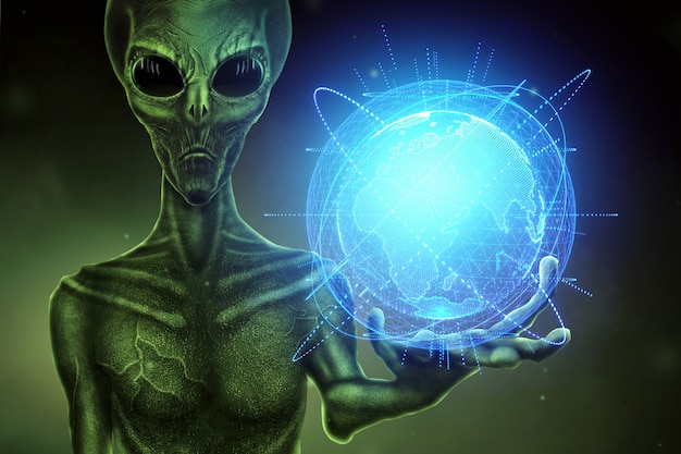 Alienígena verde, humanóide, tem um holograma do globo em sua mão. conceito  de ovnis, alienígenas, contato com a civilização extraterrestre. | Foto  Premium