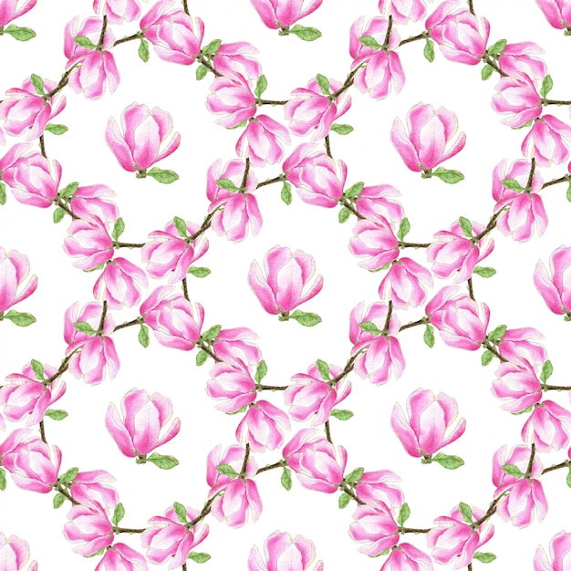 Aquarela magnólia sem costura padrão. textura de flores cor de rosa da moda. pode ser usado para embalagem, tecido e têxtil, papel de parede e design de embalagem Foto Premium