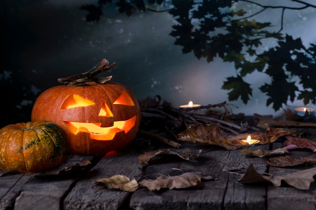 As abóboras de halloween dirigem a lanterna e as velas do jaque o na tabela de madeira em uma floresta místico na noite. projeto do dia das bruxas Foto Premium