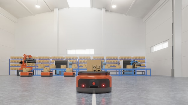Automação de fábrica com agv e braço robótico em transporte para aumentar mais o transporte com safet. Foto Premium