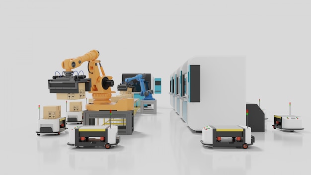 Automação de fábrica com agvs, impressoras 3d e braço robótico Foto Premium