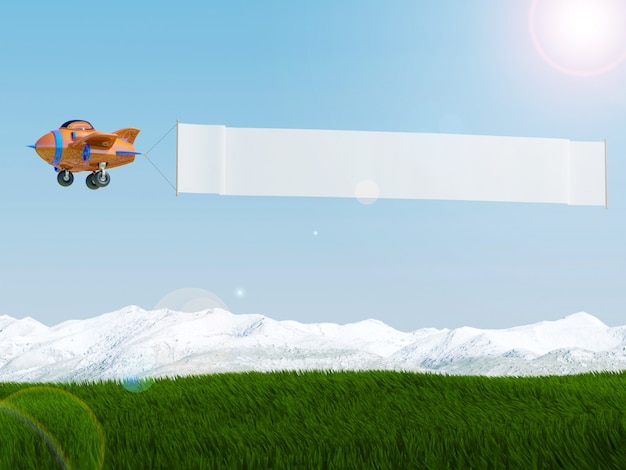 Avião dos desenhos animados, voando com banner de publicidade sobre o campo de grama, renderização em 3d Foto Premium