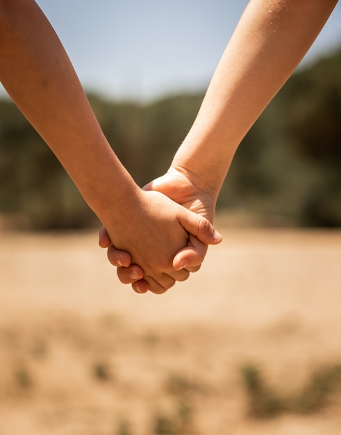 Bela Foto De Um Casal De Mãos Dadas Em Um Fundo Desfocado De Um Campo Foto Grátis 