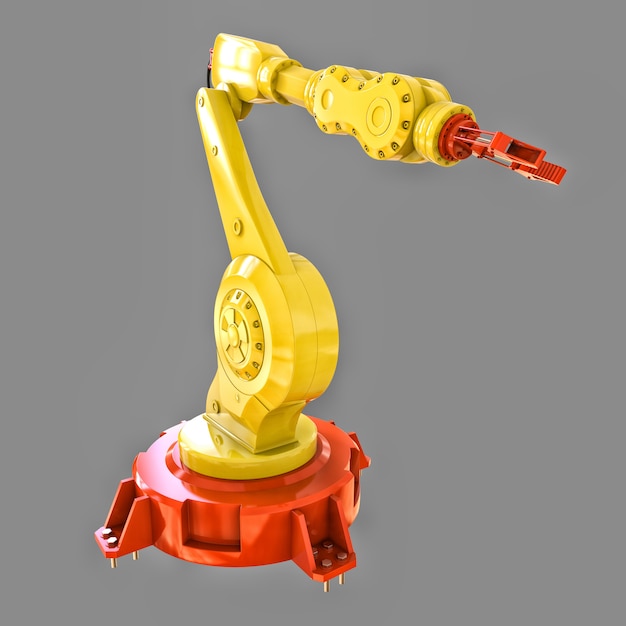 Braço robótico amarelo para qualquer trabalho em uma fábrica ou produção. equipamento mecatrônico para tarefas complexas Foto Premium