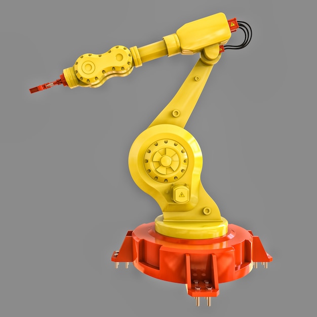 Braço robótico amarelo para qualquer trabalho em uma fábrica ou produção. equipamento mecatrônico para tarefas complexas Foto Premium