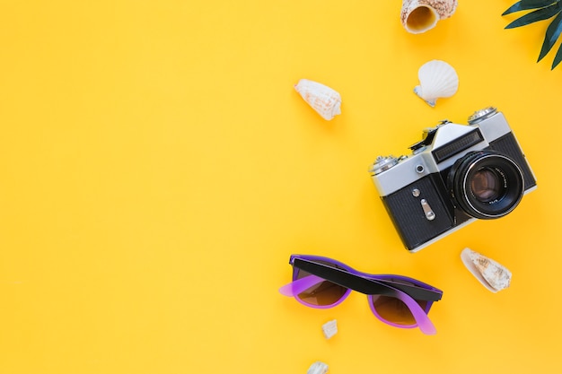 Câmera com óculos escuros e conchas Foto gratuita