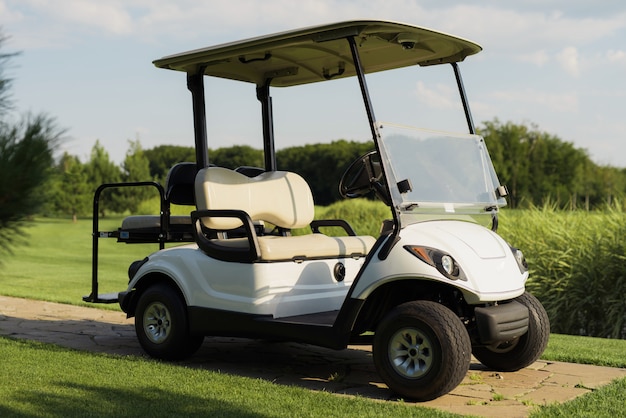 Carro De Golfe De Luxo No Curso Verde Fresco No Por Do Sol Foto Premium