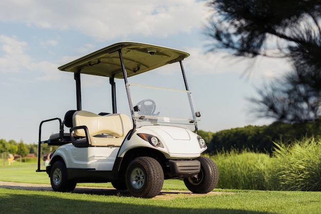 Carro De Golfe De Luxo No Fairway Verde Do Golf Resort Foto Premium