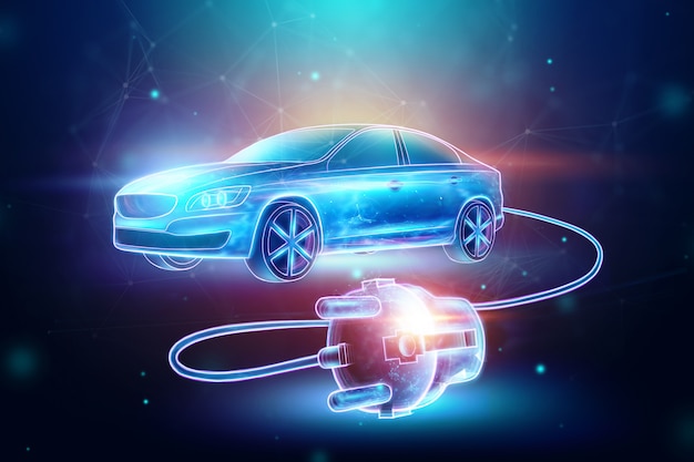 Carro elétrico com fio de carregamento, holograma. Foto Premium