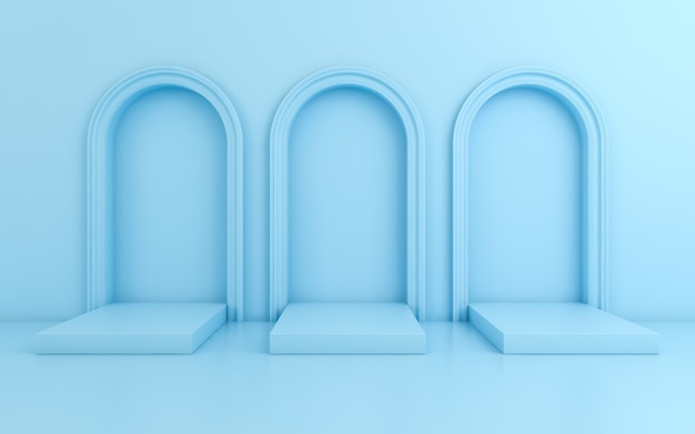 Cena com fundo mínimo, arco com um pódio, render 3d Foto Premium