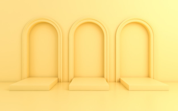 Cena com fundo mínimo, arco com um pódio, render 3d Foto Premium