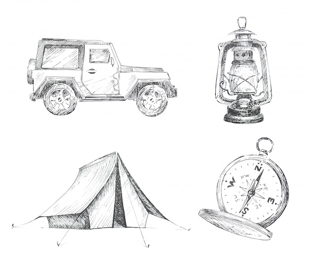 Conjunto de clipart com tema de acampamento gráfico isolado. carro, tenda, lanterna vintage e bússola ilustrações. conjunto de design de conceito de viagem. Foto Premium