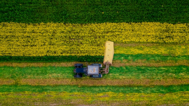 Cortar fotografia aérea de trator de colza com um zangão | Foto Premium