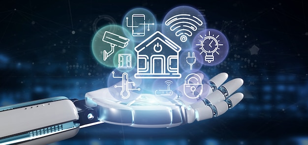 Cyborg segurando interface de casa inteligente com renderização ícone, estatísticas e dados 3d Foto Premium