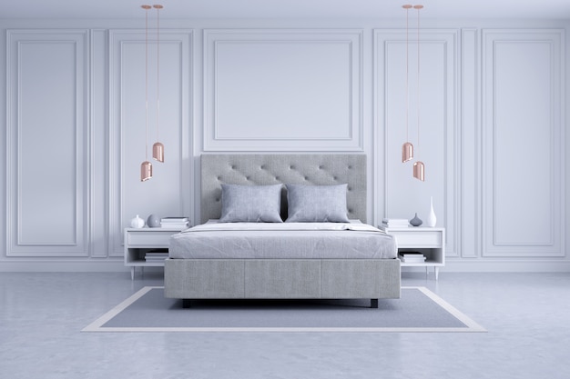 Design de interiores moderno e clássico quarto, conceito de quarto branco e cinza Foto Premium