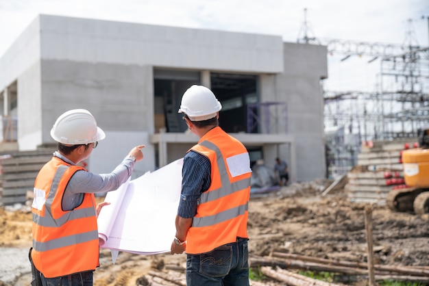 Discussão de engenheiros de construção com arquitetos no canteiro de obras Foto Premium