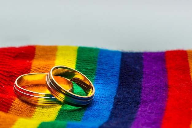 Duas Alianças De Casamento Nas Cores Do Tecido Do Arco íris Conceito De Casamento Entre Pessoas
