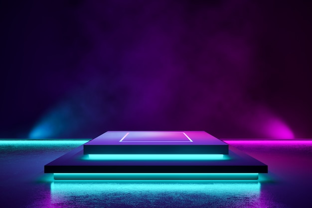 Estágio retangular com luz de néon fumaça e roxo Foto Premium