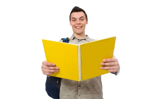 Estudante caucasiano sorridente com mochila e livros Foto Premium