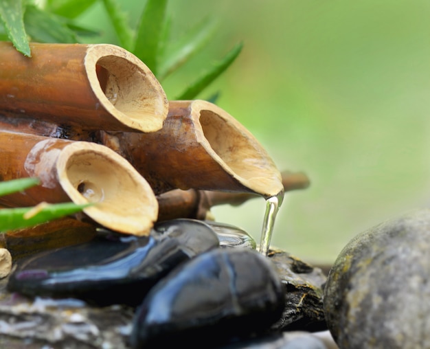 Feche em uma fonte de bambu com água que flui em pedras pretas no verde Foto Premium