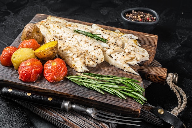 Fil De Peixe Arinca Assado Na Placa De Madeira Tomate E Batata