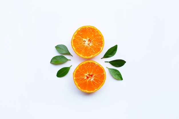 Frutos e folhas alaranjados do verde em um fundo branco. Foto Premium