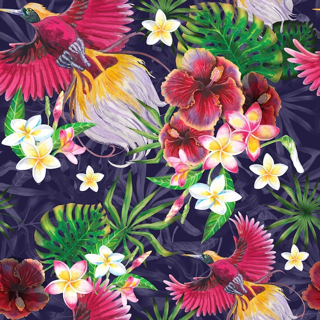 Fundo exótico do verão com pássaro do paraíso, as folhas tropicais e as flores do hibiscus. Foto Premium