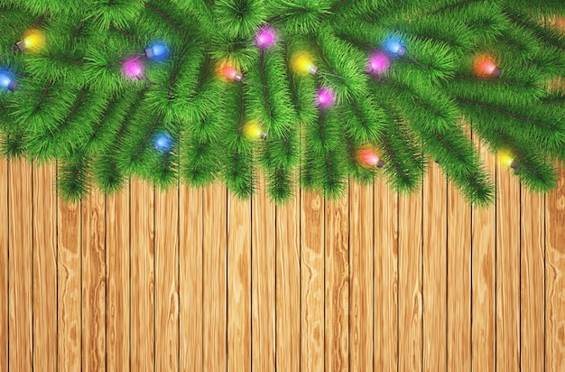 Galhos de árvore de natal 3d com luzes sobre um fundo de textura de madeira Foto gratuita