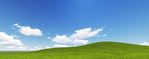 Grama verde panorâmico no monte com nuvem e o céu azul. 3d render | Foto  Premium