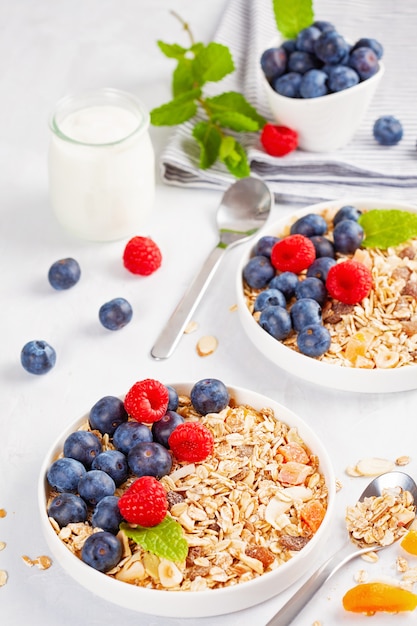 Granola caseira ou muesli de aveia com nozes, frutas secas e frutas frescas. Foto Premium
