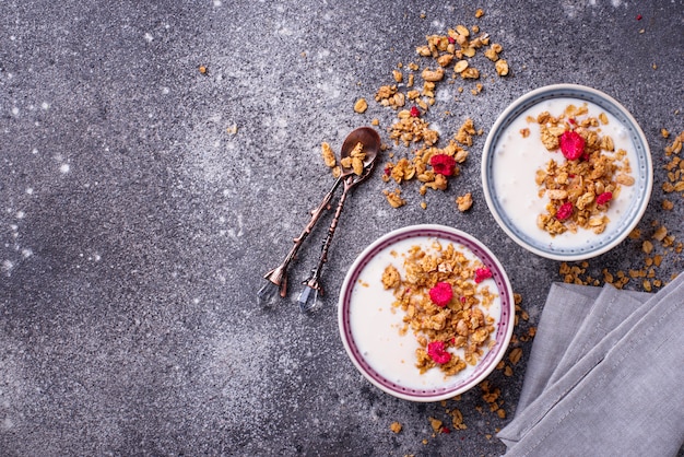 Granola com iogurte e framboesas secas Foto Premium