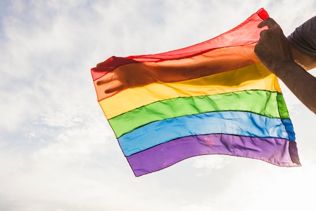 Homem, com, bandeira grande, em, lgbt, cores, e, céu azul, com, sol Foto gratuita