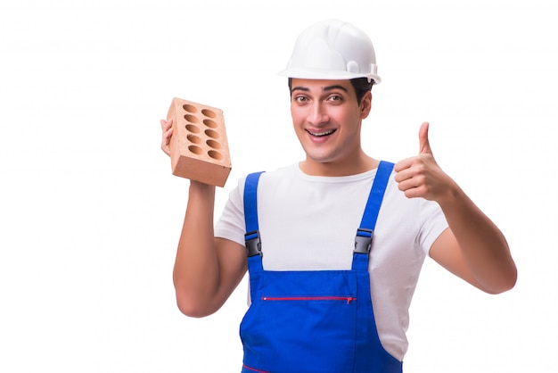 Homem, com, tijolo, isolado, branco Foto Premium
